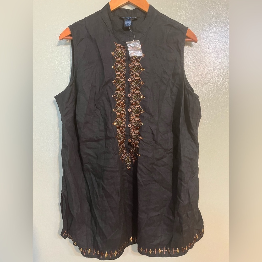 ST Tropez West Black Sleeveless Top with Embroidered Detail 100% Linen 20W New
